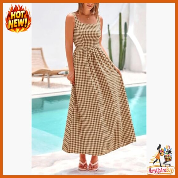 Plaid Square Neck Maxi Dress Spaghetti Strap A-Line Casual Beach Vacation - Picture 6 of 7